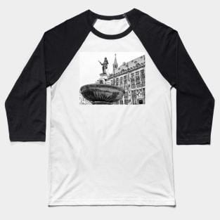 Religious statue with medieval church in the background Baseball T-Shirt